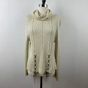 Knit Zone USA Boho Pullover Sweater Natural Rolled Turtleneck Flared Sleeves XL